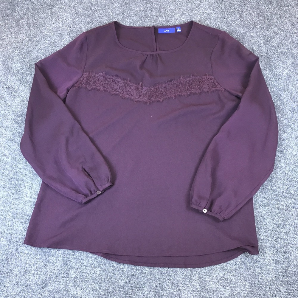 Apt. 9 Blouse Top Womens XL Dark Plum Floral Lace Trim Long Sleeve Keyhole Back